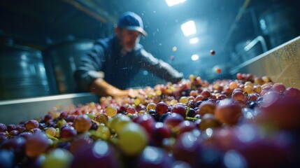 Worker Tipping Grapes into Processing Bin in Winery Interior
