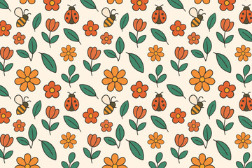 Retro floral and insect seamless pattern with ladybugs, bees, and orange flowers © Muhammad