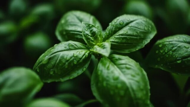 Fresh basil leaves with water droplets, a vibrant green herb in soft focus