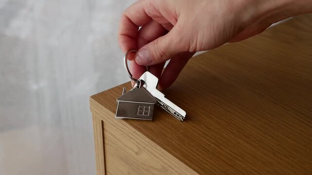 Female hand placing House Key with keychain on table, real estate investment concept.