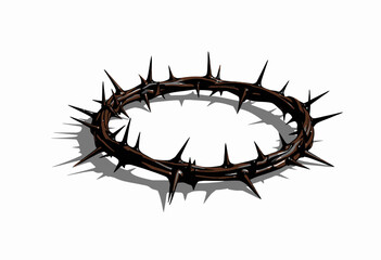 Intricately designed crown of thorns with sharp, pointed spikes casting shadows on a white background, symbolizing sacrifice and historical significance