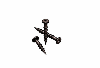 Three intricately designed metallic screws with pointed tips arranged in a scattered formation on a minimalistic white background