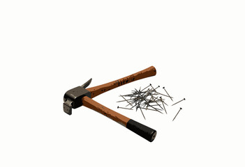 Wooden-handled carpenter's claw hammer resting beside a scattered pile of steel nails on a plain white surface