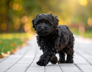 Small black puppy walks on a patterned sidewalk with blurred autumn leaves background