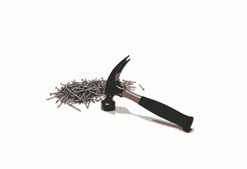 Image of a black and red hammer positioned against a pile of scattered silver nails on a clean white background, symbolizing tools, construction, and home improvement.