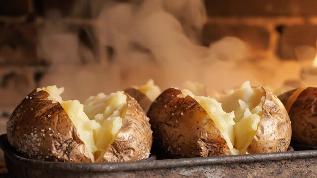 Delicious baked potatoes with melted cheese on a baking sheet