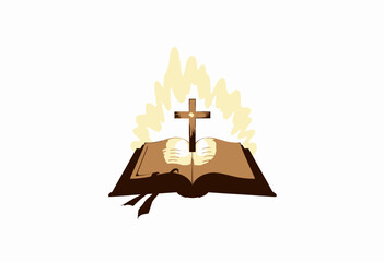 Illustration of an open book with a glowing cross symbolizing faith, spirituality, and wisdom, surrounded by light to represent divine inspiration and guidance