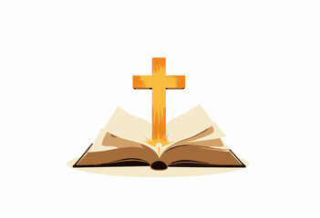 An open book with glowing pages that depict spiritual enlightenment, crowned by a radiant wooden cross symbolizing faith and divine inspiration.