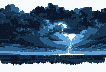 Intense Thunderstorm Illuminating a Vast Open Field with Dramatic Lightning Under a Dark and Majestic Cloud-Filled Sky on a Rain-Soaked Night