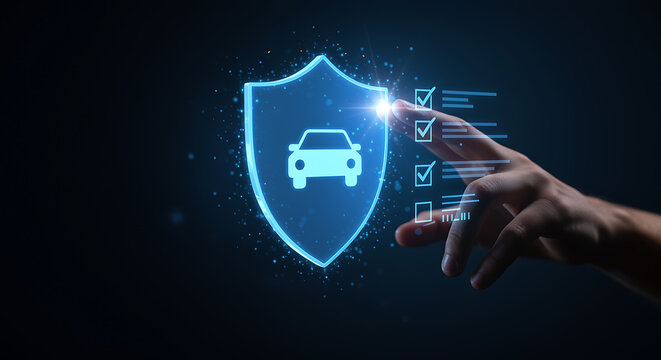 Digital Vehicle Protection Concept Online Car Insurance and Security Services with Interactive Shield Icon and Checklist Interface