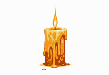 Illustration of a Dripping Wax Candle with a Flickering Flame on a White Background Demonstrating Warmth and Simplicity in a Tranquil Setting