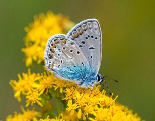 Obraz premium Small blue butterfly rests atop a cluster of bright yellow wildflowers in sunlight