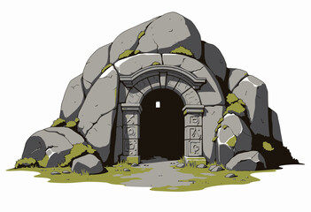 Ancient Stone Cave Entrance Surrounded by Moss-Covered Rocks and Lush Greenery Evoking Mystery and Exploration in a Historical Wilderness Setting