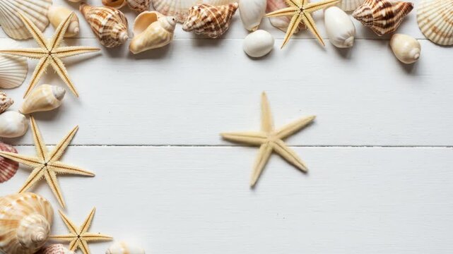 Starfish and shells border on white wood background, summer vacation theme