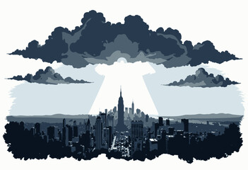 Dramatic Cityscape with Sunlight Breaking Through Dark Clouds Over Metropolitan Skyline at Dusk