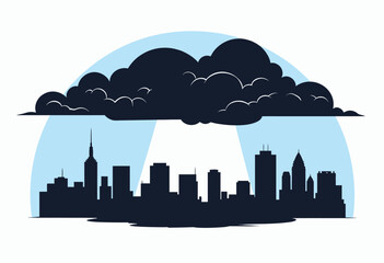 Silhouette of Urban Skyline with Thick Cloud Cover and Light Breaking Through Over Modern City Featuring Tall Skyscrapers Against Blue Sky Backdrop