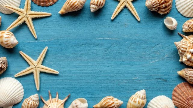 Starfish and seashells framing blue wooden background