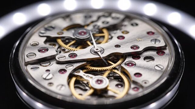 Vintage mechanical watch movement, internal clockwork gears and springs, luxury timepiece engineering macro detail