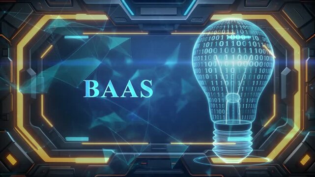 Digital light bulb with binary code and the word BAS in a futuristic frame BAAS Backend as a Service