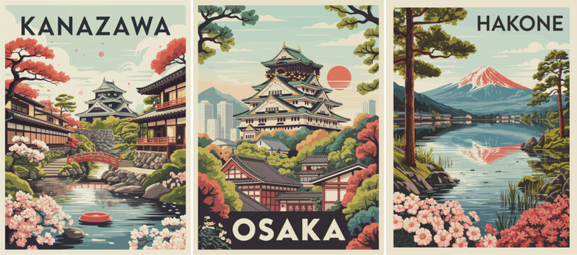 Retro-style vector triptych poster featuring Osaka, Hakone, and Kanazawa, with castles, cherry blossoms, and traditional landmarks, in muted green, blue, and coral tones, mid-century travel poster