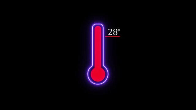 Neon Celsius thermometer displayed temperature 28 degree. Thermometer equipment showing hot or cold weather. on black background, 4K Video motion graphic animation.