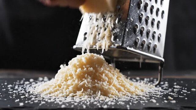 Freshly Grated Parmesan Cheese on Dark Surface.