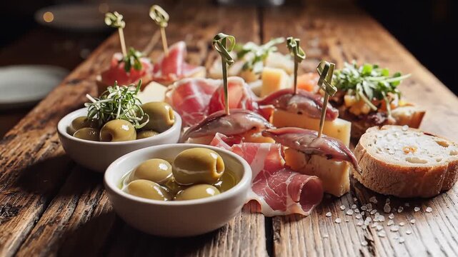 Delicious Gourmet Appetizer Platter with Olives, Prosciutto, Cheese, and Bread on Rustic Wooden Table