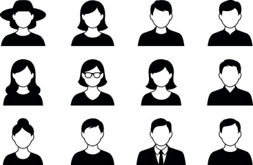 A diverse collection of twelve black silhouette profile icons representing different people and hairstyles isolated on a white background