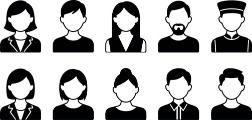Collection of diverse human avatar icons representing different genders and professions with clean silhouettes