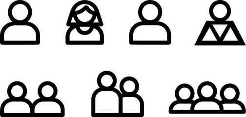 Collection of diverse simplified human icons representing individuals and groups isolated on a transparent background