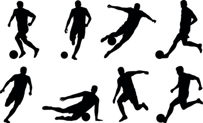 Collection of eight dynamic black silhouette football players in various poses with a soccer ball isolated on transparent background