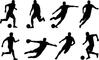 Collection of eight dynamic black silhouettes of soccer players in action isolated on a white background