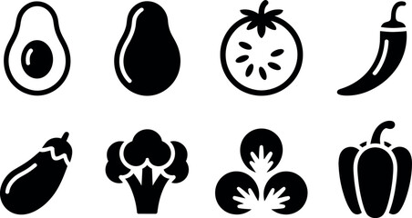 Collection of eight simplified black silhouette icons representing various healthy fresh vegetables isolated on transparent background
