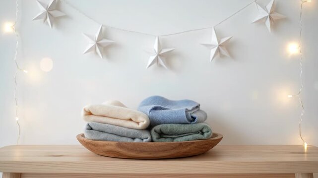 Softly folded sweaters rest in a wooden bowl. Festive star and light decorations adorn the background.