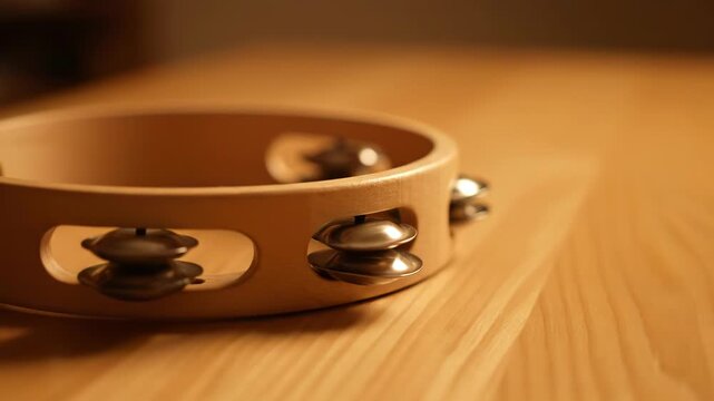 A wooden tambourine rests on a warm, textured wooden surface. Its metallic jingles glint softly in the ambient light.