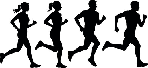 Silhouettes of four athletic individuals running in motion isolated on a white background illustrating diverse genders and fitness pursuits