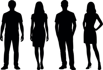 Silhouettes of two men and two women standing together isolated on transparent background