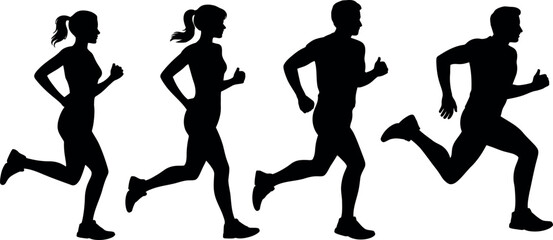 Diverse group of men and women running as silhouettes in a line isolated on transparent background
