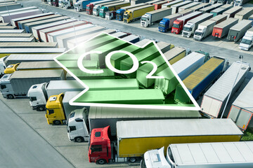 Fleet of trucks with CO2 emission reduction symbol. Decarbonization and carbon neutrality concept