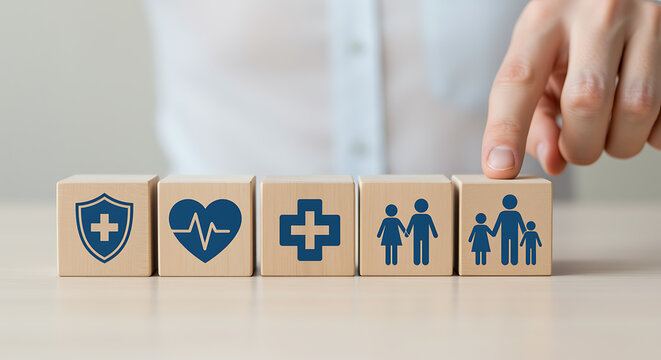 Hand selecting wooden blocks with health and family protection icons, representing comprehensive insurance and wellness concept