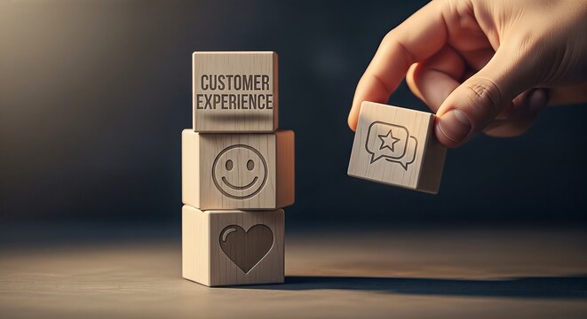 Wooden blocks with icons and text representing customer experience and feedback in warm lighting.