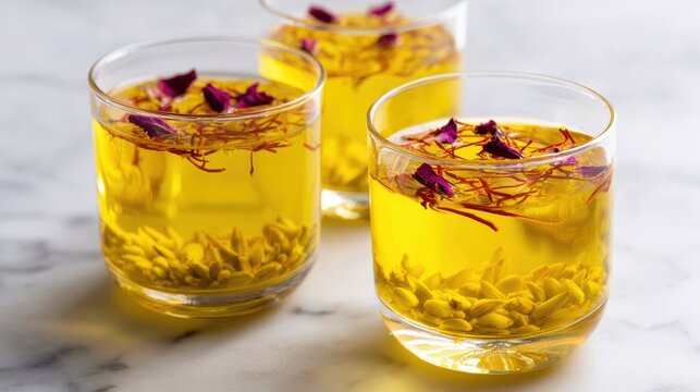 food and beverage photography, saffron and basil seed sharbat sharbat-e tokhm-e sharbati with golden liquid and basil seeds on white marble in bright daylight