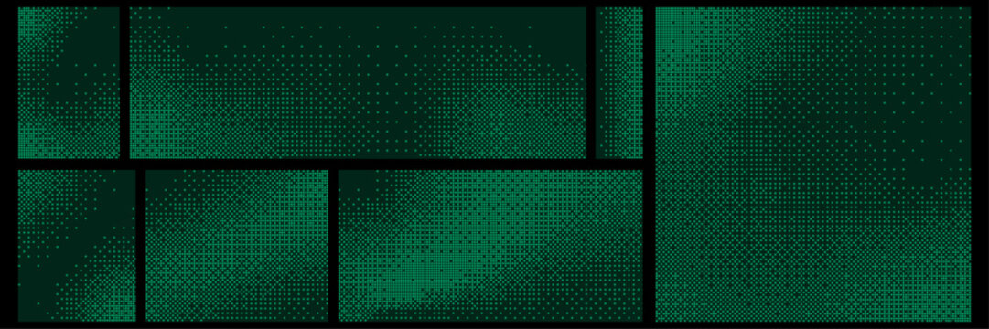 Green pixelated bitmap texture. Game fade effect 8 bit backgrounds. Retro pixel art dither pattern. Editable vector overlay texture 