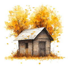 Rustic Barn Fall Landscape, watercolor drawing vector, isolated on a white background. © azendia