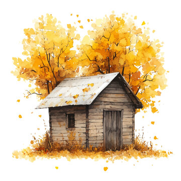 Rustic Barn Fall Landscape, watercolor drawing vector, isolated on a white background.