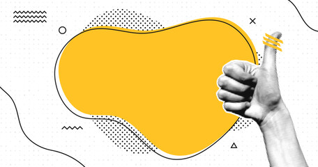 Naklejka premium Halftone collage with human hands and blank speech bubble. Thumbs up gesture at speech bubble. Pop art halftone style for quotes, questions, announcements, news and social media. Vector