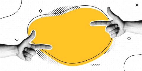 Naklejka premium Halftone collage with human hands and blank speech bubble. Index finger pointing at speech bubble. Pop art halftone style for conversation, questions, announcements, news and social media. Vector