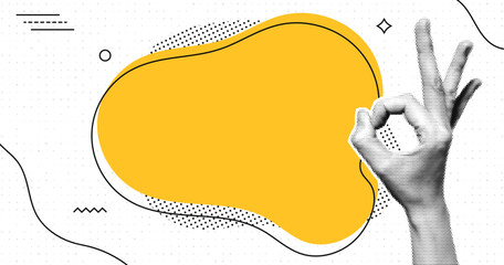 Naklejka premium Halftone collage with human hands and blank speech bubble. OK gesture at speech bubble. Pop art halftone style for quotes, messages, announcements, news and social media. Vector