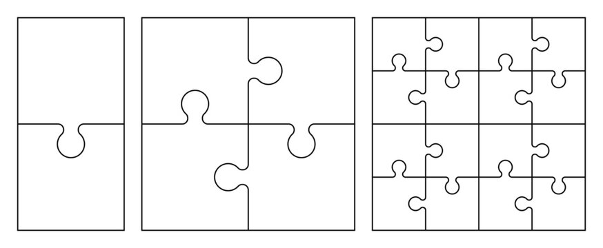 Jigsaw puzzle collection. Puzzle elements with various edge shapes and patterns. Blank puzzle elements. Mosaic elements for games, education, teamwork, and presentations. Vector