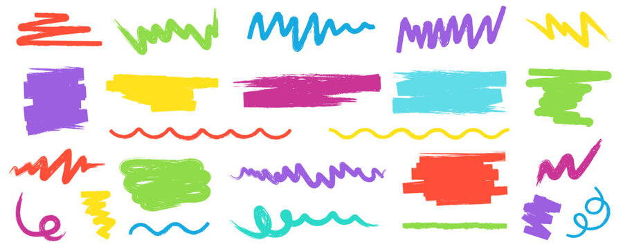 Colorful chalk lines, doodle scribbles, and squiggles. Collection of pen, brush, pencil and crayon strokes with texture. Curly lines, scrawls, and playful brush marks. Vector